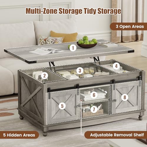 48" Farmhouse Lift Top Coffee Table with Storage Sliding Barn Door & Large Hidden Compartment