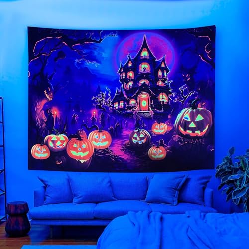 Blacklight Halloween Castle Tapestry 90"x70" Pumpkins Ghosts Background Bedroom Aesthetic Hippie Room Decor Glow in The Dark Wall Poster for Halloween Easter