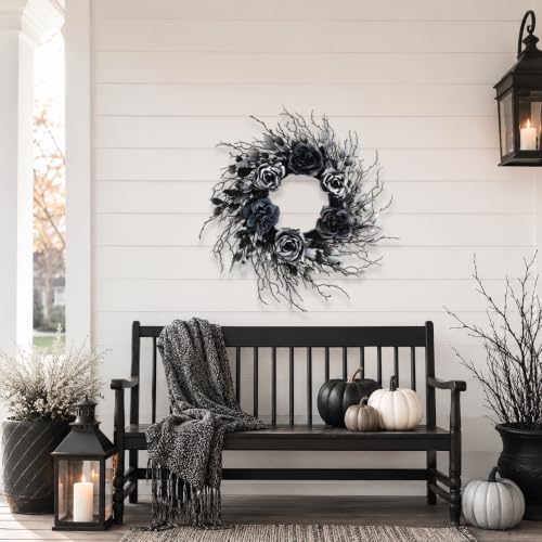 22 Inch Black and Silver Halloween Wreath with 40 Orange LEDs