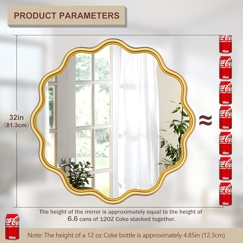 Gold Round Mirror 32 Inch Wavy Bathroom Vanity Mirror Gold Frame Modern Wall Mirror Decorative Wall