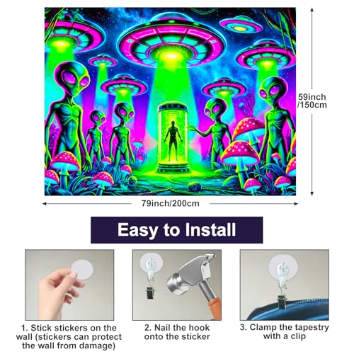 Blacklight Tapestry Alien UFO Room Wall Art 78 x 59 Inch