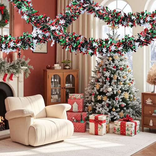 50 Feet Green Red Christmas Metallic Tinsel Twist Hanging Garland with Snowflake for Home Mantle Xmas Tree Staircase Railing New Year Holiday Party Indoor Outdoor Decorations (50 Foot)