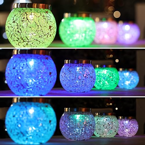 6 Pack Gift for him her Heavy Solar Mosaic Crackle Glass Lights with Dual Solar Panels (6 Count)