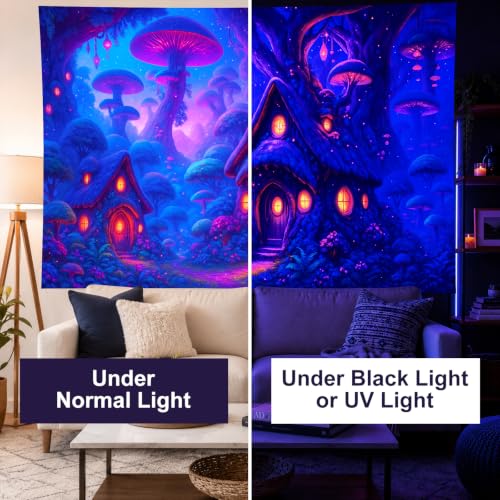 Blacklight Tapestry Mushroom Fairy UV Wall Art 78 x 59 Inch