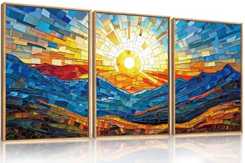 Abstract Blue Boho Mountain Framed Canvas Wall Art Set