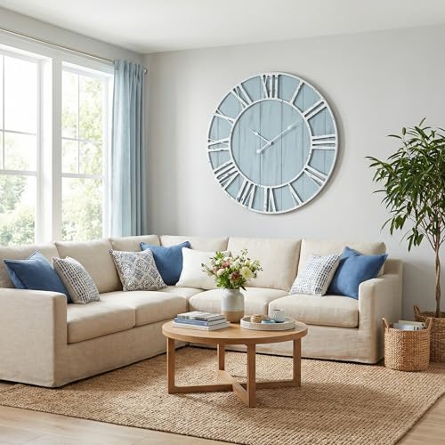 Large Farmhouse Wall Clock 30 Inch Vintage Blue Wooden Wall Clock with Quiet Ticking and Minimalist Roman Numerals for Bedroom Living Room Office Kitchen Home Decor