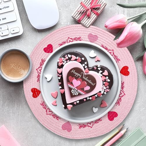 4Pcs Round Valentine Placemats Red Pink Heart Embroidered Place Mats Decorative Dinner Table Mats for Home Wedding Anniversary Party Decor (4 Count)