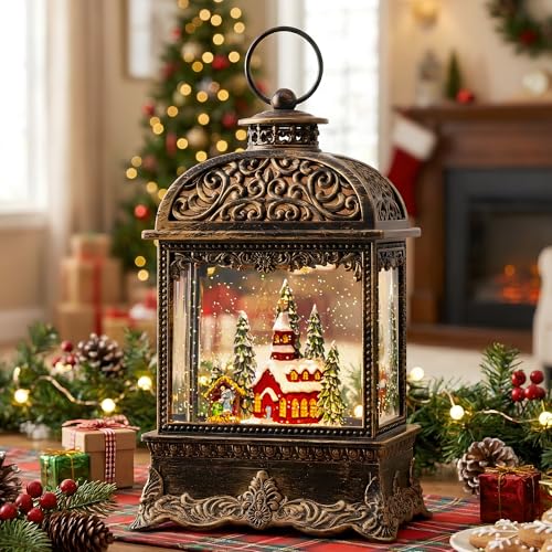 Christmas Snow Globe Water Lantern with Horse Drawn Carriage Christmas Scene Battery Operated or USB Powered Musical Lighted Holiday Decoration for Tabletop Display for Family