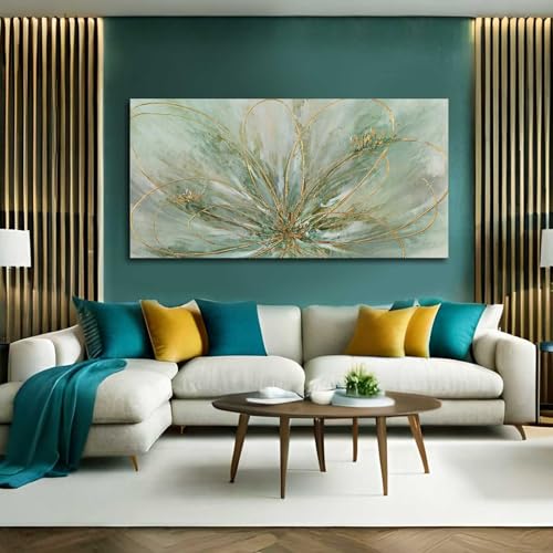 Green Flowers Canvas Wall Art Modern Paintings with Gold Foil Abstract Nature Wall Decorations for Home Office Living Room Bedroom 24" x 48"