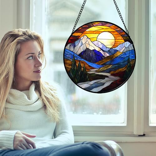 Blue Mountains Stained Glass Window Hanging Suncatcher Gift for Women 15"