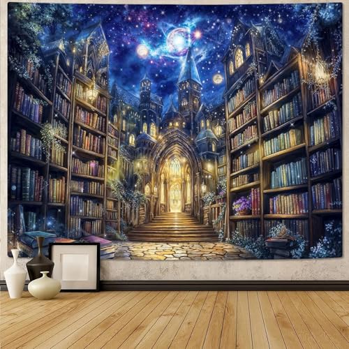Fantasy Bookshelf Tapestry Space Library Tapestries Wall Hanging Gothic Galaxy Castle Magic Book Large Tapestry for Bedroom Living Room Dorm Classroom 80 x 60 inch