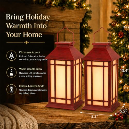 13 Inch Christmas Outdoor Decorative Lanterns with Candle Timer 2 Pack