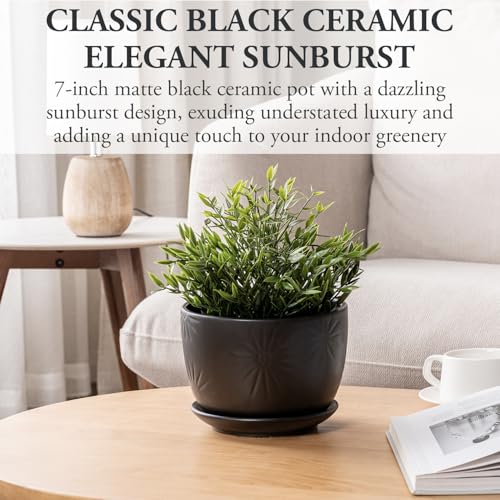7 Inch Black Ceramic Sunburst Planter Pot with Attached Saucer
