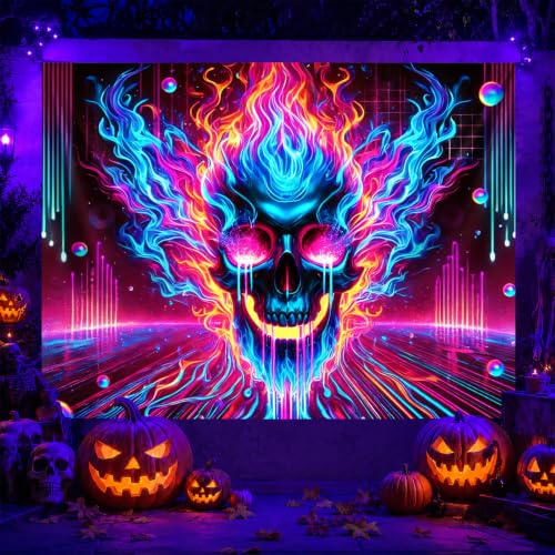 Blacklight Tapestry Flaming Skull UV Wall Art 78 x 59 Inch
