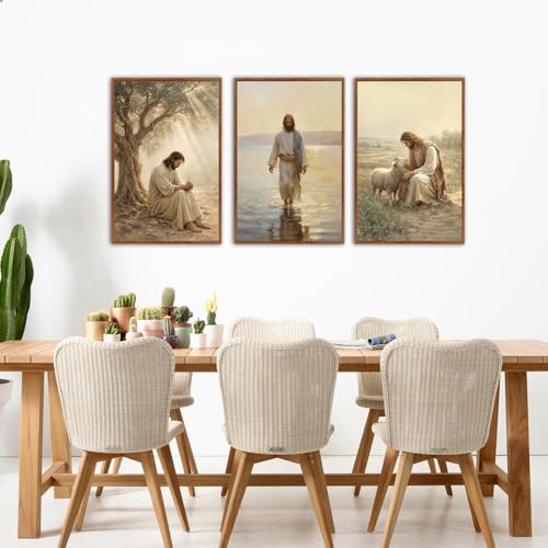 KAlRNE Jesus sheep Large Wall Art Christian Framed Print Set (3 Count)