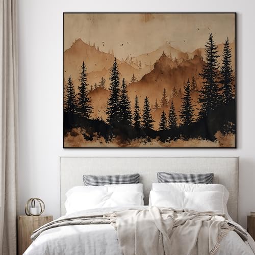 36"x46" Extra Large Framed Wall Art Rustic Mountain Pine Forest Silhouette in Warm Earth Tones for Home Living Room Bedroom Decor