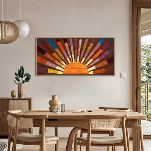 Extra Large Wood Sun Framed Wall Art 20x40 Inch Boho Sunrise 3D Geometric Wall Decor Mid century Sunshine Painting for Living room Bedroom Dining room Single