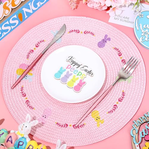 4Pcs Easter Bunny Round Placemats Pink Rabbit Embroidered Place Mats Spring Cute Kitchen Table Mats for Home Wedding Baby Shower Birthday Dinner Party Decor (4 Count)