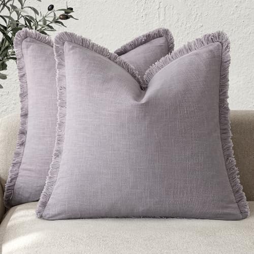 Decorative Linen Fringe Throw Pillow Covers 20×20 Light Purple (2 Count)