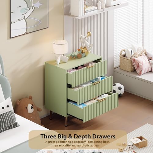 Fluted Green 3 Drawer Dresser for Bedroom with Deep Drawers