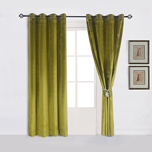 Super Soft Luxury Room Darkening Velvet Moss Green Thermal Blackout Curtain Panel Drapes Grommet Draperies Eyelet 52Wx63L inch Green Yellow