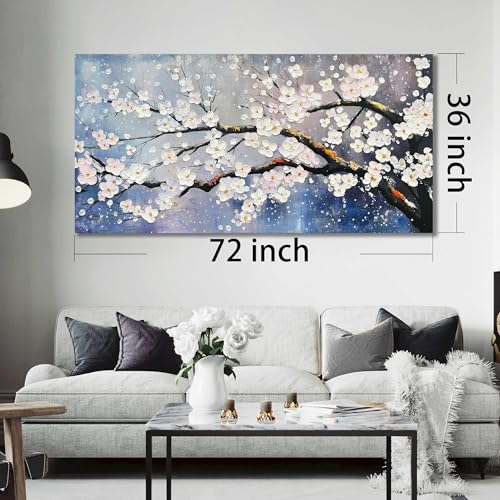 White Flowers Hand Painted Wall Art for Bedroom Blue Modern Wall Decor for Office Extra Large Wall Art for Living Room Size 36 x 72 Inch