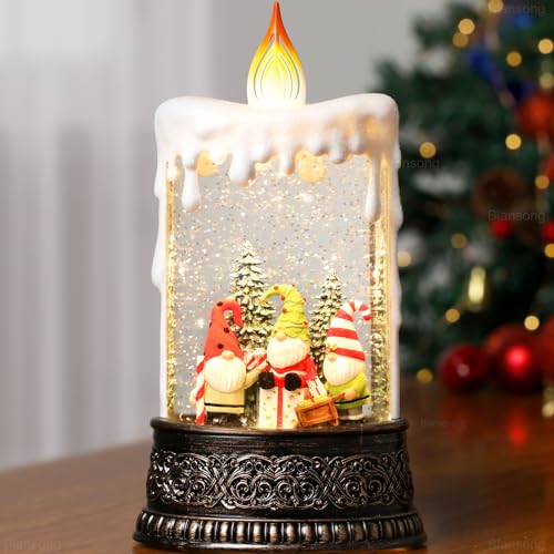 Gnome Snow Globe Candle Christmas Decorations Gifts Auto Snowfall Glitter Music Collection with 6H Timer USB