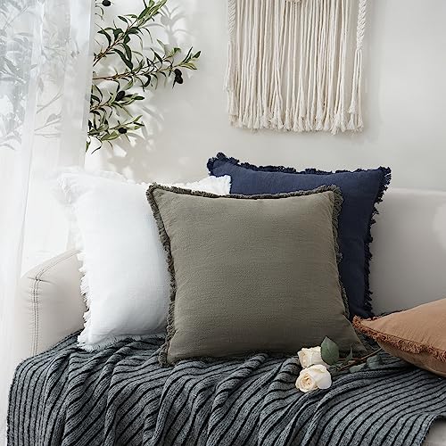 Decorative Linen Fringe Lumbar Throw Pillow Covers 12×24 White (2 Count)