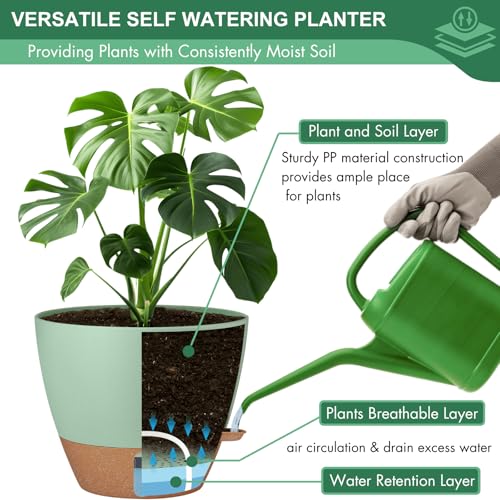12/10/8 Inch Self Watering Pots for Indoor Plants Plastic Large Pot for Outdoor Plants, Water Level Window & Spacious Reservoir Flower Pots Decorative Planter with Drainage and Tray (3 Count)