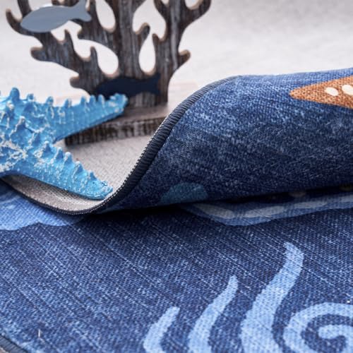 4ft Coastal Round Rug Kids Washable Fun Rug Colorful Ocean Fish Small Mat Non Slip 4' Round Soft Circle Mat Lightweight Cozy Carpet for Bedroom Nursery Playroom Dorm Daycare Bathroom Blue
