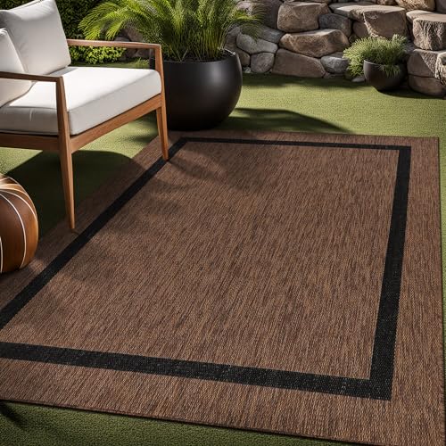 Bordered Outdoor Rug 9x12 Washable Outside Carpet for Indoor Patio Porch Waterproof Easy Cleaning Non Shedding Area Rugs Nut Brown
