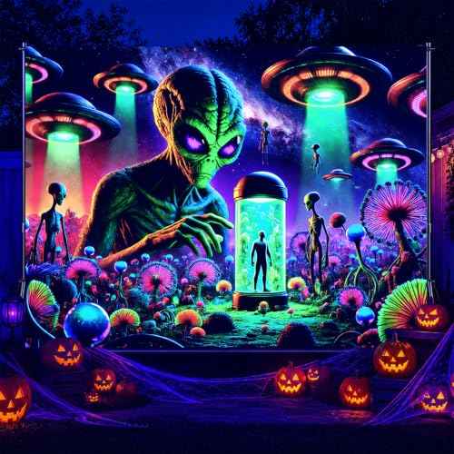 Blacklight Tapestry Alien UFO UV Wall Art 78 x 59 Inch