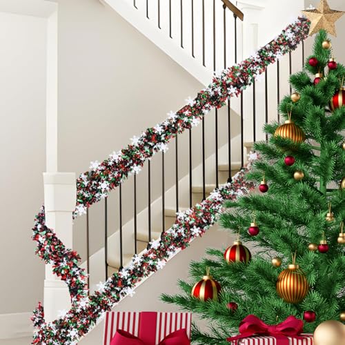 50 Feet Green Red Christmas Metallic Tinsel Twist Hanging Garland with Snowflake for Home Mantle Xmas Tree Staircase Railing New Year Holiday Party Indoor Outdoor Decorations (50 Foot)