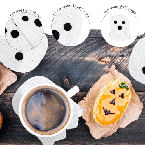 4Pcs Halloween Ghost Coasters Handmade Crochet Drink Coasters Woven Fabric Cup Mat for Home Kitchen Party Table Decor (4 Count)