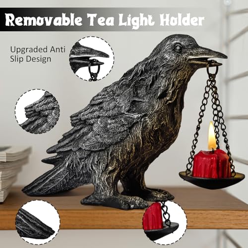 Gothic Crow Lamp with Tealight Candle Holder Resin Raven Decor Statue Gothic Home Decor for Bedroom Unique Goth Gifts Half Silver 2P (2 Count)