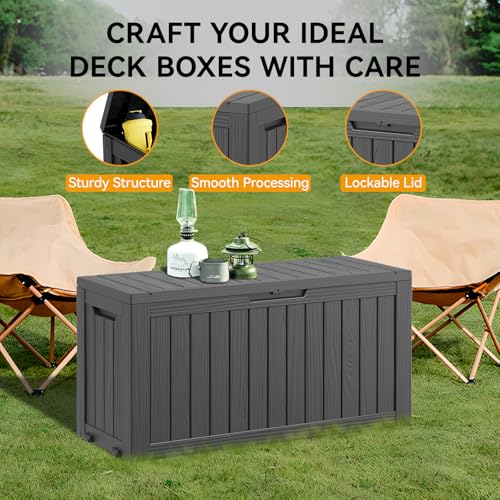 Deck Box 82 Gallon Resin Indoor and Outdoor Storage Box Waterproof for Garden Tools