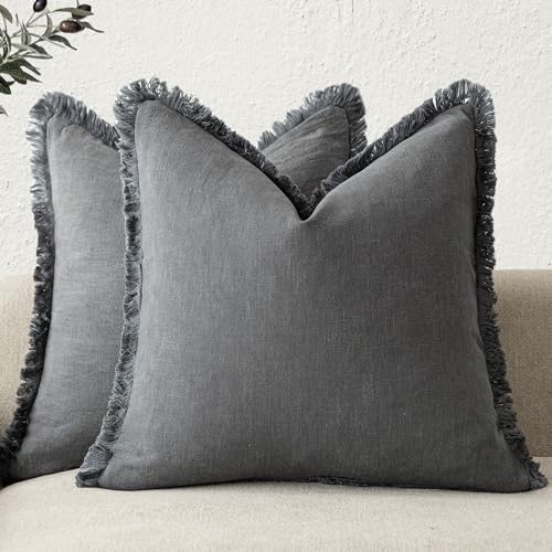 Decorative Linen Fringe Throw Pillow Covers 16×16 Inch (2 Count)