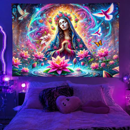 Virgin Mary Psychedelic Floral Art Blacklight Tapestry 78x59 Inch