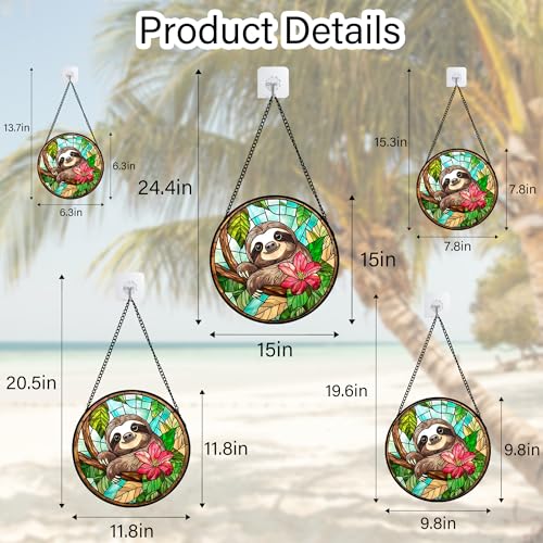 Stained Glass Window Hanging Sloth Flower Suncatcher Gifts for Women 9.8"