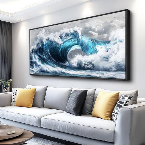 Large Canvas Wall Art For Living Room Wall Decor For Bedroom Ocean Inspiration Wall Pictures Office Mural Decorations Posters Blue Wave Paintings Modern Home Decor Black Framed 24x48 In