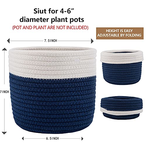 Cotton Rope Woven Baskets for 6" Pot White Stitching Navy Blue