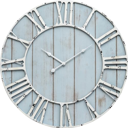 Large Farmhouse Wall Clock 24 Inch Vintage Blue Wooden Wall Clock with Quiet Ticking and Minimalist Roman Numerals for Bedroom Living Room Office Kitchen Home Decor