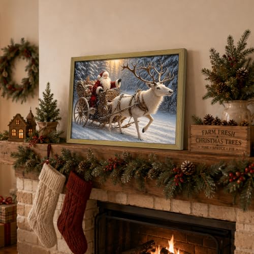 Wood Framed Vintage Santa Claus Sleigh Wall Art