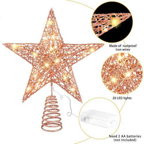 11.8’’ Christmas Tree Topper Rose Gold Star Treetop Toppers with 20 Lights