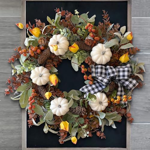 24 Inch Farmhouse Fall Wreath for Front Door with White Pumpkins