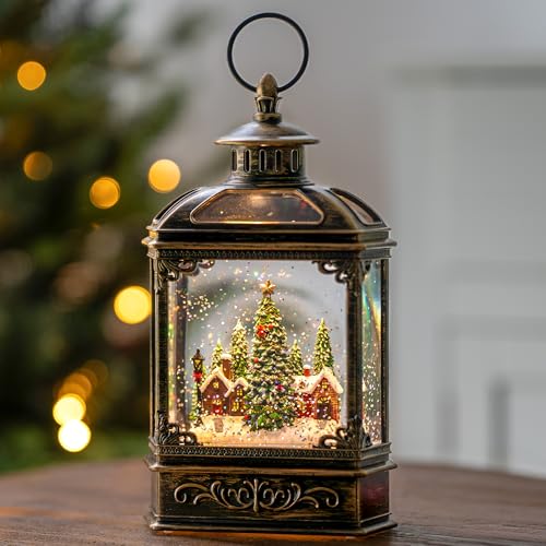 Christmas Village Snow Globe Lantern Musical Lighted Village House Water Lantern in Swirling Glitter