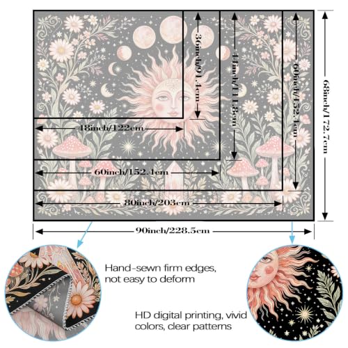 Boho Pink Sun Moon Phase Daisy Flower Mushroom Tapestry 80 x 60 Inch