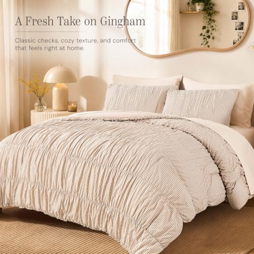 Tan Gingham Queen Size Comforter Sets