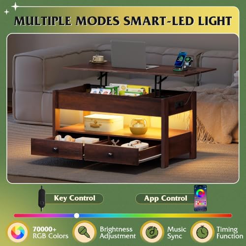 Lift Top Coffee Table with LED and 2 Drawers