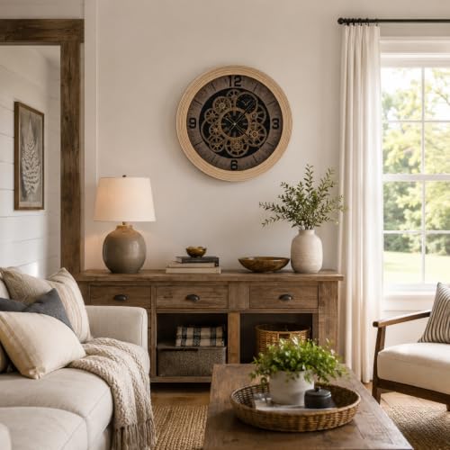 Real Moving Gears Wall Clock Large Farmhouse Clocks for Living Room Decor